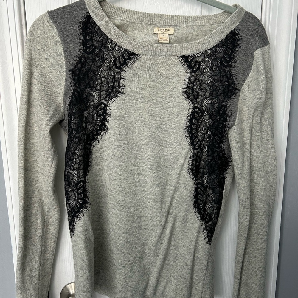 J. Crew Heather Gray Long Sleeve with Black Lace Detail